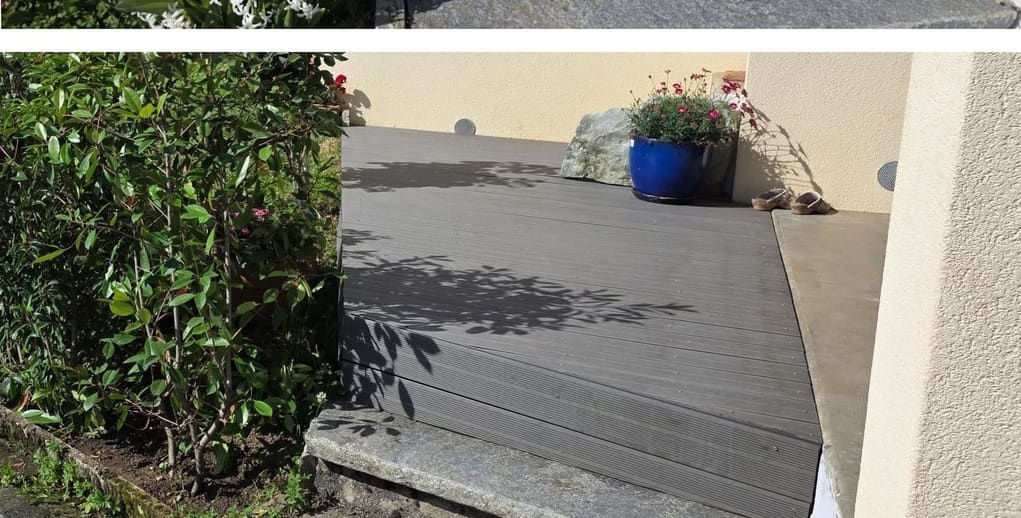 Terrasse en bois en fin de vie, remplacée par un platelage composite, après intervention